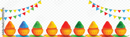 Illustration of earthen pots full of dry colors decorated on transparent background for Holi festival celebration header or banner design.