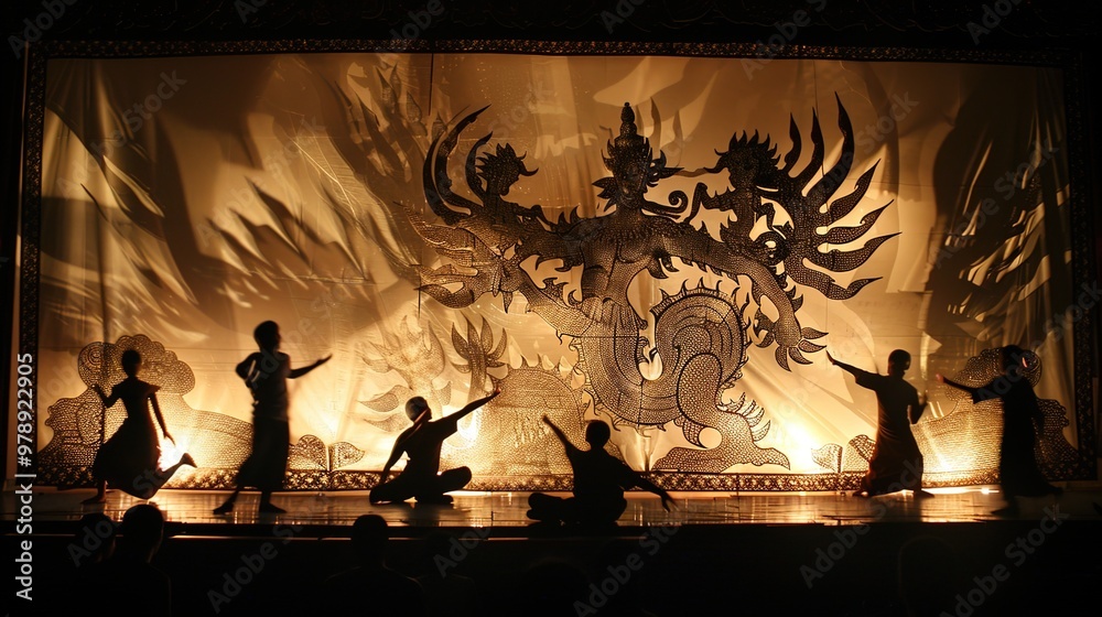 Fototapeta premium Indonesian shadow puppet performance --ar 16:9 --v 6 Job ID: d8d0660f-5cfc-48bb-afaa-06691bbea9e0