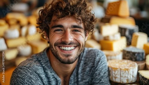 A beaming young man with curly hair enjoys a light-hearted moment, surrounded by a variety of cheeses in a market stall. His laughter captures the joy of everyday pleasures.