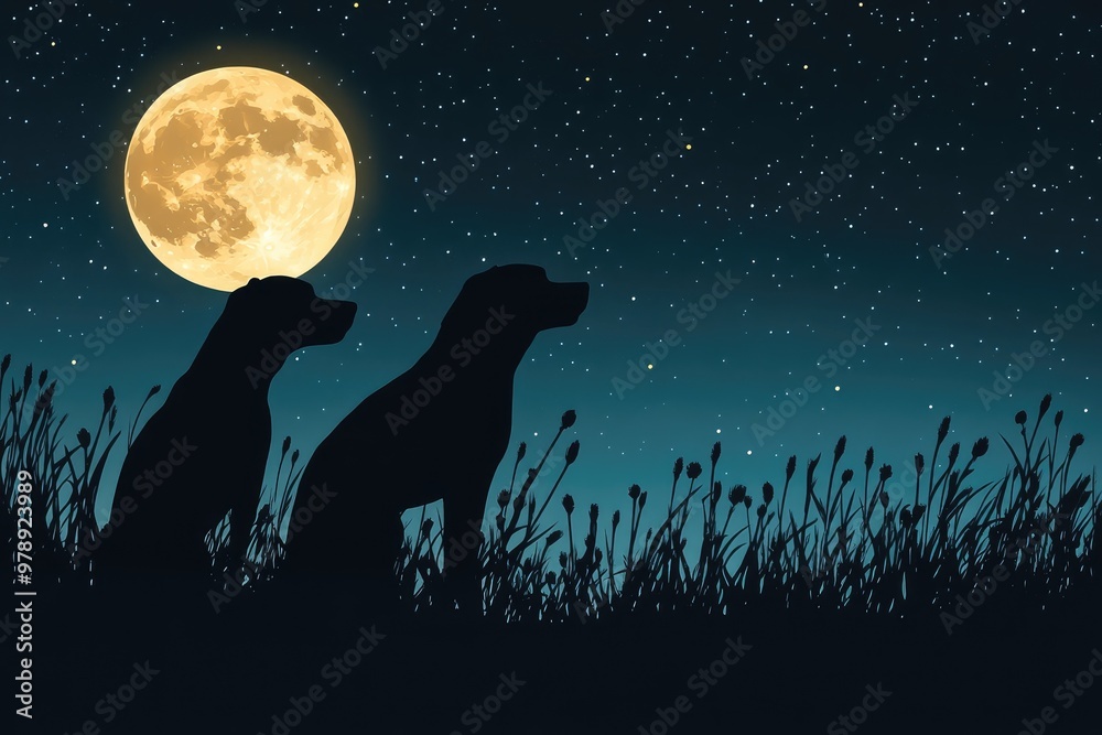 Two dogs sitting in grass are enjoying a moonlit night Two dogs sitting in grass are enjoying a moonlit night