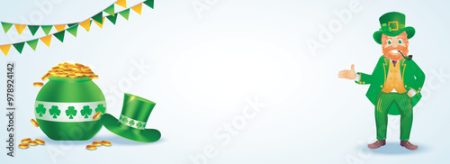 St. Patrick's Day header or banner design with illustration of leprechaun man character and coin pot on glossy background.