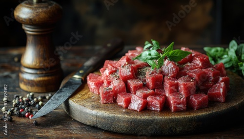 Square cuts of raw meat, topped with fresh herbs, lie on a wooden board beside a sharp knife and a pepper grinder. photo