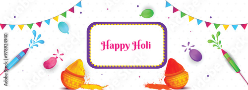 Happy Holi header or banner design decorated with color pots and water guns illustration on white background. photo