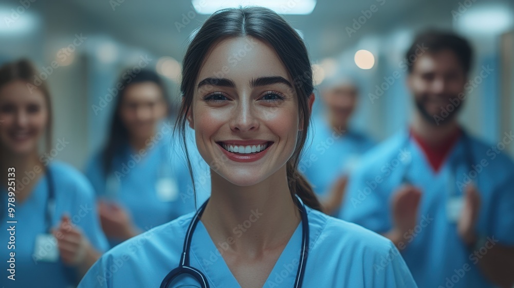 Fototapeta premium A group of smiling hospital staff, including doctors and nurses, happily walking down a corridor, embodying teamwork, dedication, and compassion.
