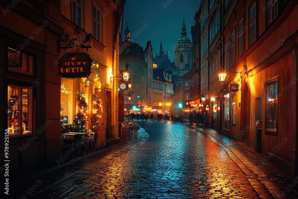 Fototapeta premium Cobblestone street leading to prague castle at twilight