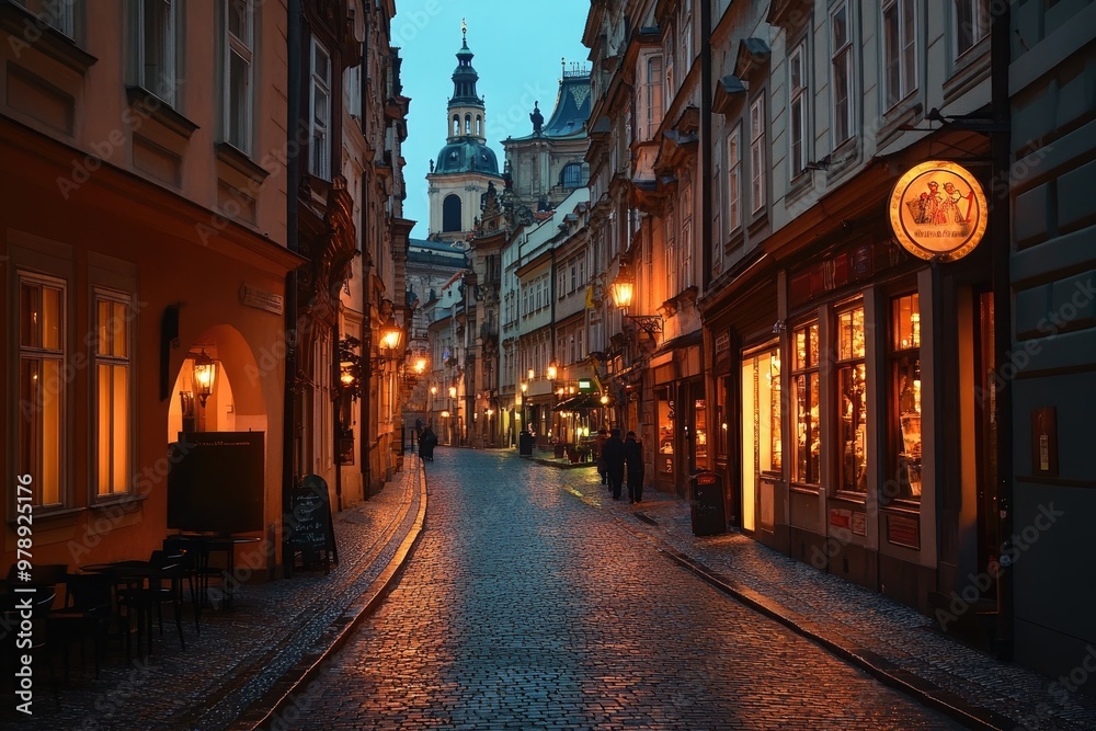 Fototapeta premium Cobblestone street leading to church at twilight in prague