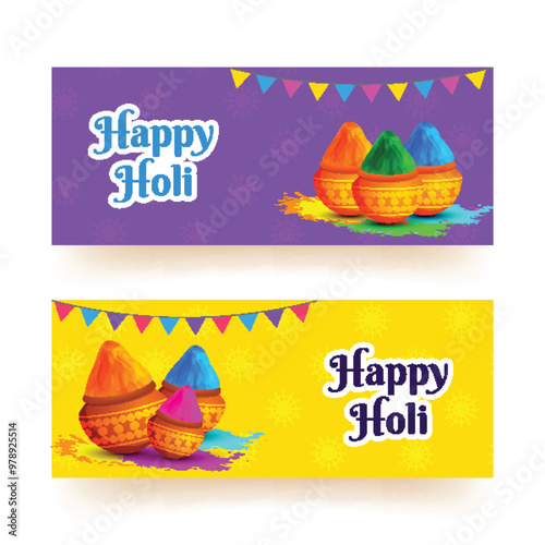 Purple and yellow header or banner design for Happy Holi festival with illustration of color pots.