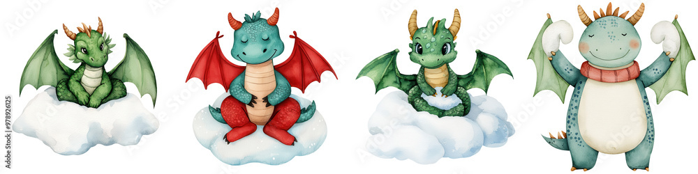 A collection of cute, playful dragons in various poses, showcasing their whimsical charm and vibrant colors atop fluffy clouds. A collection of cute, playful dragons in various poses, showcasing their whimsical charm and vibrant colors atop fluffy clouds.