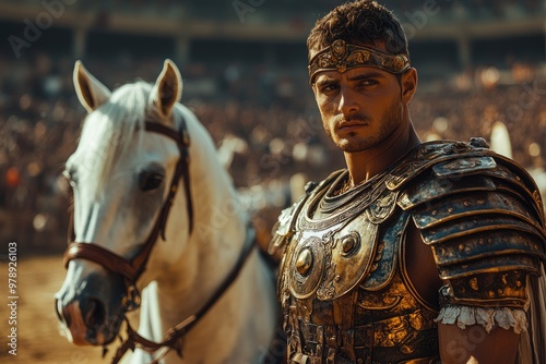 Proud roman general standing with horse in arena before a fight photo