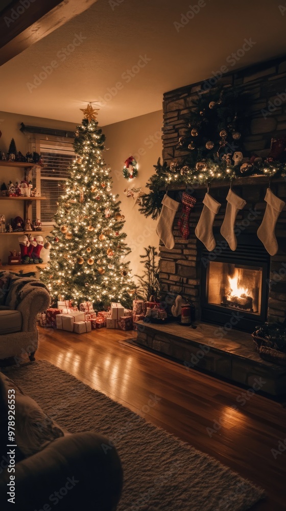 Warmth and Togetherness: A Cozy Christmas Living Room withGlowing Tree and Fireplace Warmth and Togetherness: A Cozy Christmas Living Room withGlowing Tree and Fireplace