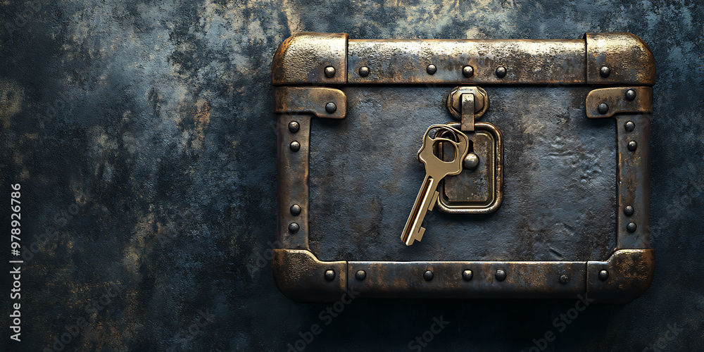 Chest Key Lock A weathered metal chest with a key in the lock, waiting to be unlocked ...