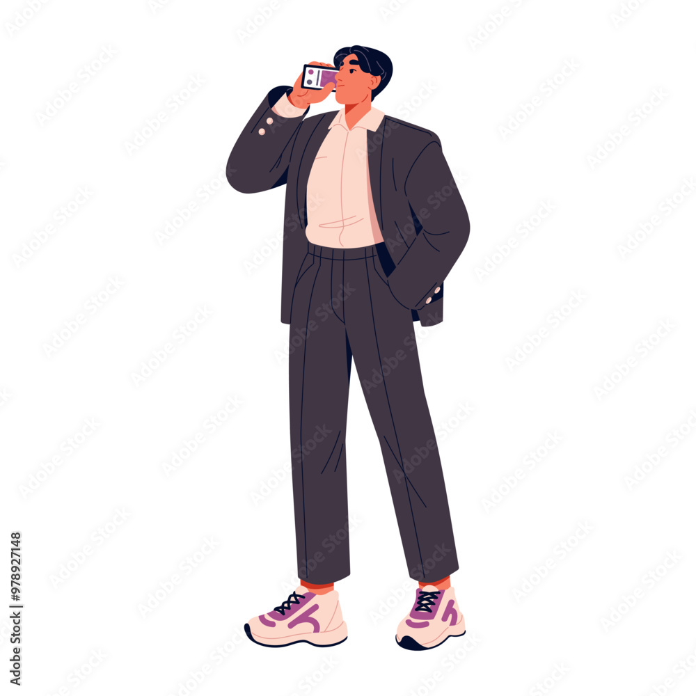 Modern businessman in sneakers communicates by phone call. Young business man wearing stylish suit. Employee in costume talks by smartphone. Flat isolated vector illustration on white background