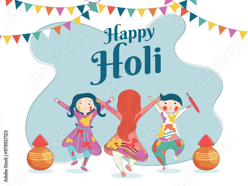 Cute kids enjoying holi festival, indian festival of colors celebration background. Can be used as greeting card design.