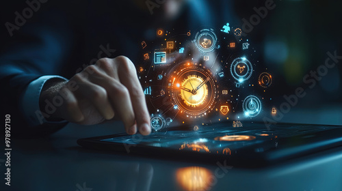 Businessman holding a virtual digital clock and work time management icon. Business project planning. Strategic business success. Time is money. Work planning increases efficiency. Business future
