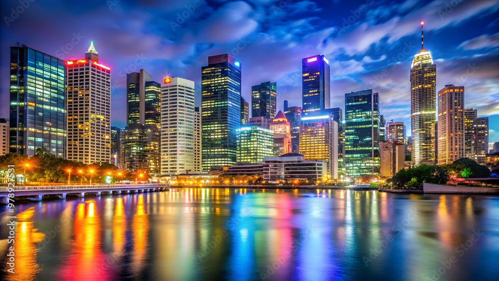 Naklejka premium Vibrant modern Australian cityscape at night showcasing colorful lights and skyscrapers, Australia, city, urban, night
