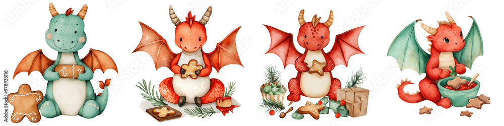 Naklejka premium Whimsical dragon illustrations featuring cute dragons enjoying festive treats and holiday decorations.