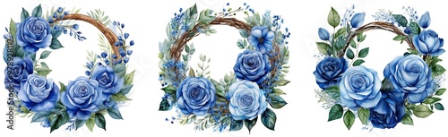 Wreaths, floral frames, watercolor flowers blue roses, Illustration hand painted Isolated on white background