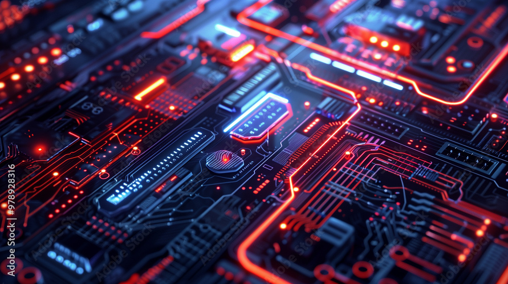 Intricate circuit board with glowing red and blue lights Intricate circuit board with glowing red and blue lights