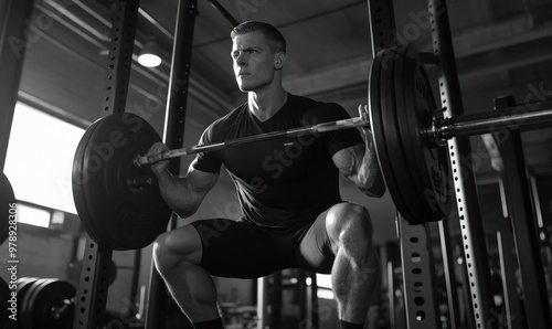 Man doing squats in a gym while holding a barbell.