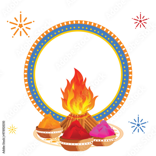 Holi festival greeting card design decorated with bonfire, bowls full of dry colours and blank circular frame given for your message.