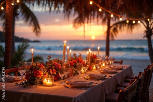 Elegant Christmas dinner table set on the beach at sunset in the Caribbean