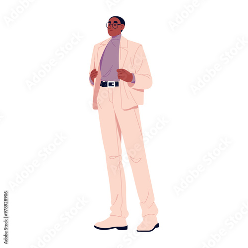 Rich business man in glasses wearing elegant formal costume. Fashion businessman in luxury suit. Stylish black person in jacket and trousers. Flat isolated vector illustration on white background