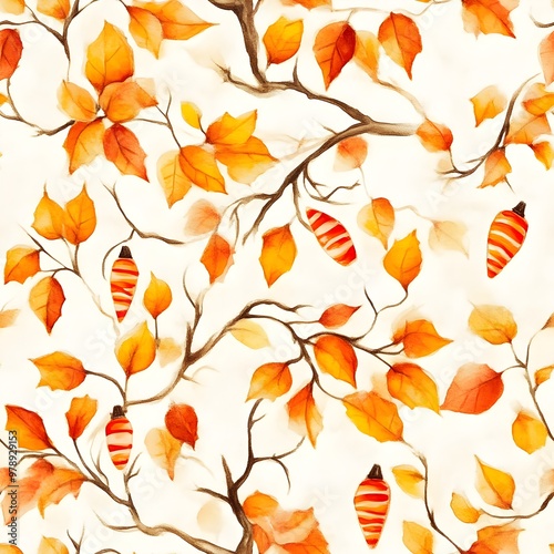 Intricately Detailed Watercolor Pattern of Autumn Leaves and Candy Corn in Halloween Aesthetic
