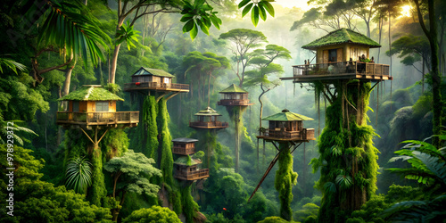 Lush rainforest canopy with exotic treehouses and wildlife , jungle, tropical, aerial, canopy, treetops, dense, lush