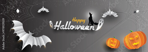 Happy Halloween header or banner design with paper cut pumpkin, spooky bats and yelling wolf on gray background.