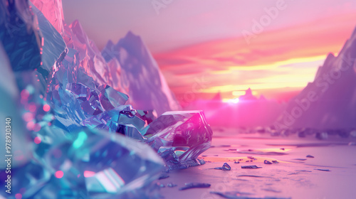 Colorful crystal landscape at sunset