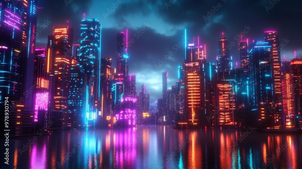 Fototapeta premium Futuristic cityscape with neon lights reflected in water.