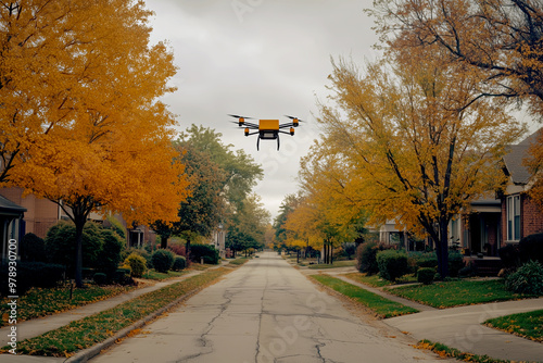 A drone hovers over a quiet suburban street lined with houses, capturing the serene atmosphere of fall. photo