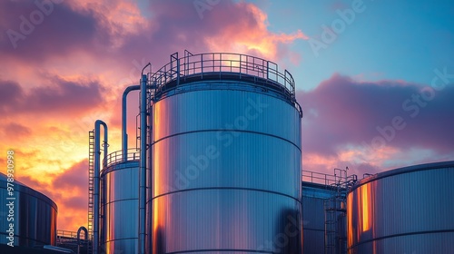 Industrial stainless steel tank with active alarms, red warning lights casting dramatic shadows on the factory floor, Steampunk, oil painting, sepia tones, intricate detailing, moody atmosphere photo