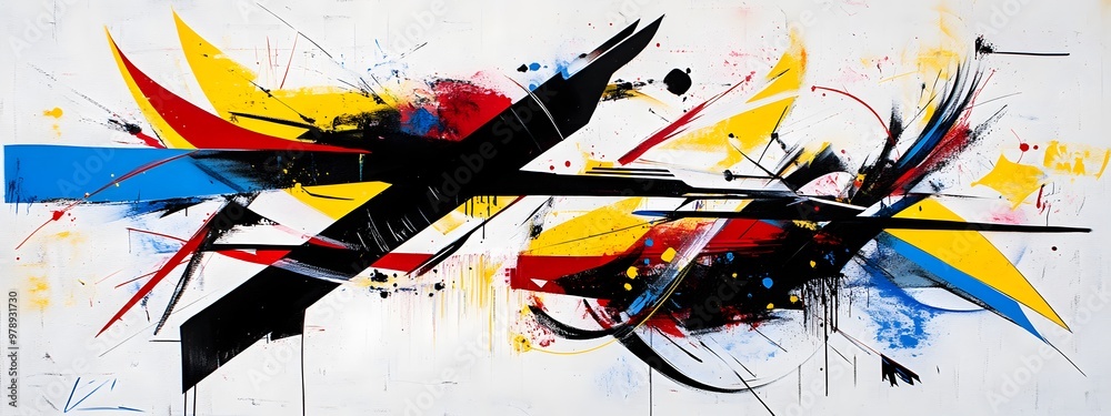 Abstract painting of geometric shapes in black, white, and red, with yellow lines and blue accents, in a graffiti style Abstract painting of geometric shapes in black, white, and red, with yellow lines and blue accents, in a graffiti style