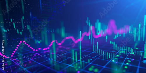  Illustration of a stock market graph with a candlestick chart, a trading background for financial data and analytics. Blue and purple colors on a dark blue gradient background