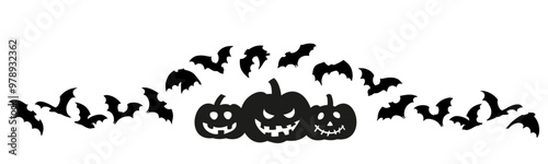 Schilderij op canvas Halloween border with pumpkins and flying bats