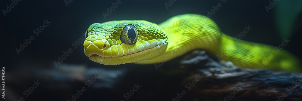 Fototapeta premium Green Tree Python Up Close Vibrant Scales of an Asian Reptile Against a Dark Background