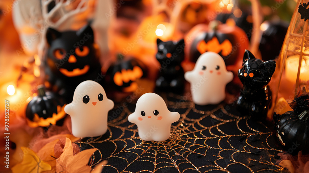Obraz premium Close-up detail of Halloween themed party decorations showing little ghosts, black cats and spider web designs. The warm lighting enhances the spooky and scary holiday atmosphere.