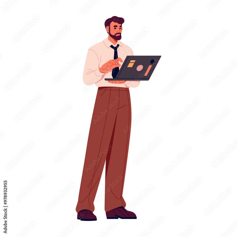 Adult businessman with beard works at laptop. Business man with tie holds computer in hands. Successful leader typing, communicates online. Flat isolated vector illustration on white background Adult businessman with beard works at laptop. Business man with tie holds computer in hands. Successful leader typing, communicates online. Flat isolated vector illustration on white background