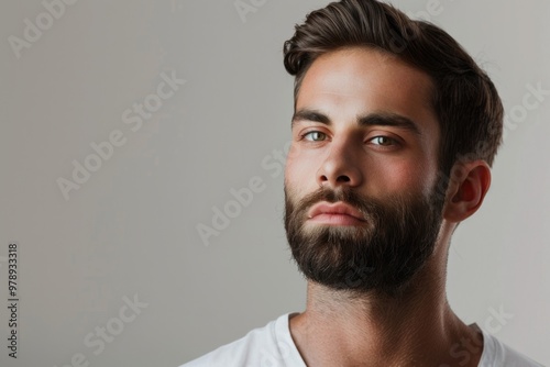 Young man with smooth skin touching beard isolated on grey.