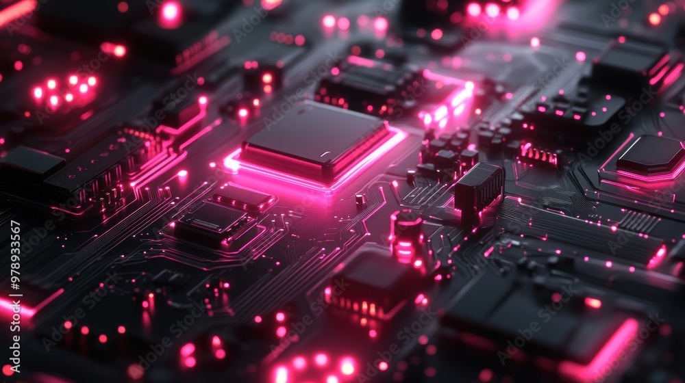 Close-up of a Circuit Board with Pink Neon Lights Close-up of a Circuit Board with Pink Neon Lights