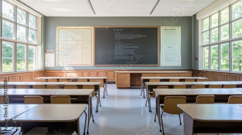 A classroom with desks, a chalkboard, and large windows, creating a learning environment.