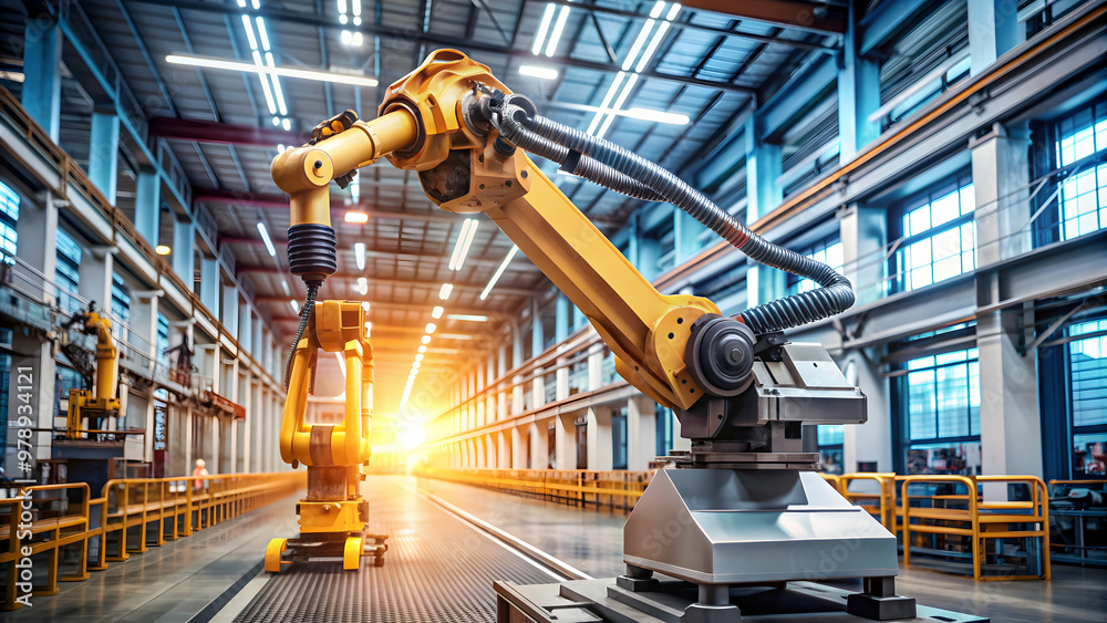 Robotic arm in industrial factory working on metal parts production Robotic arm in industrial factory working on metal parts production