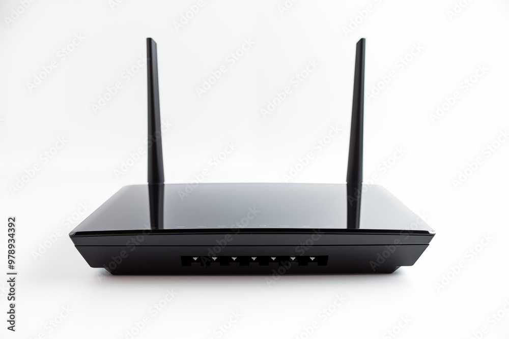 Fototapeta premium Black Wi-Fi router with two antennas placed on a white background