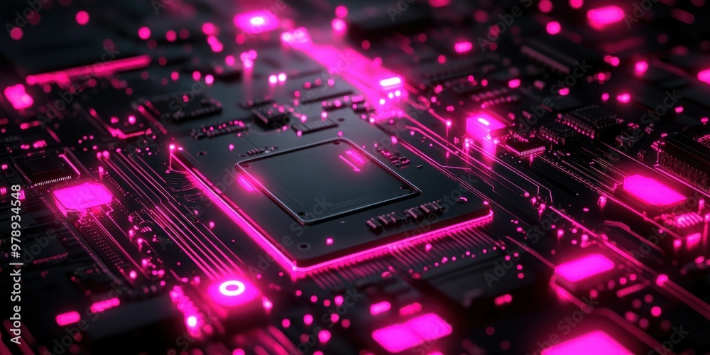 Close-up of a glowing pink motherboard with a central processor Close-up of a glowing pink motherboard with a central processor