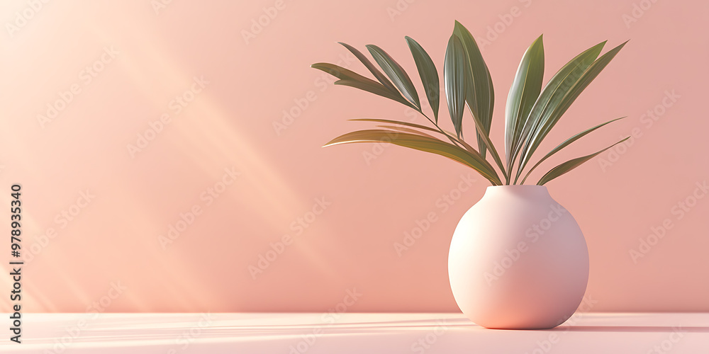 A sprig of green leaves sits in a round, pink vase against a soft pink background. The sun beams through a window, casting soft light. A sprig of green leaves sits in a round, pink vase against a soft pink background. The sun beams through a window, casting soft light.