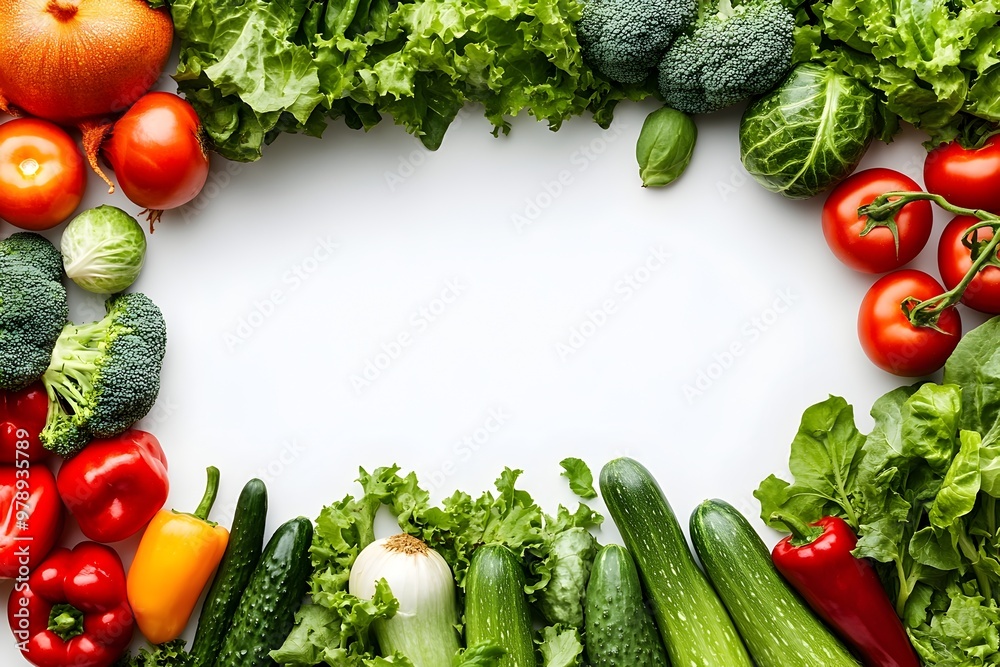 Bountiful Veggie and Fruit Banner Framing Healthy Eating Concept on White Background Bountiful Veggie and Fruit Banner Framing Healthy Eating Concept on White Background