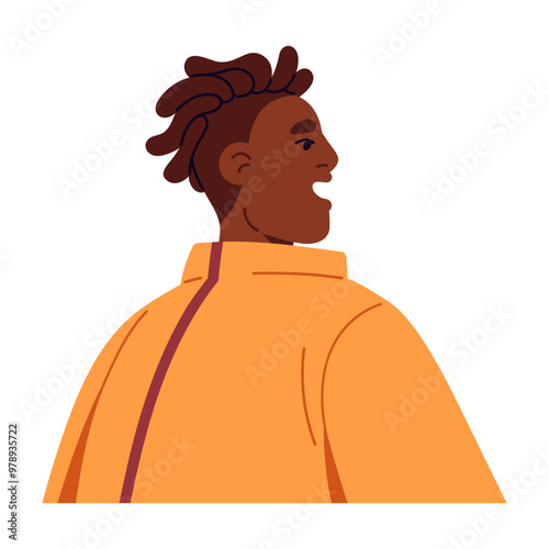 Young man looks aside and shouts back view. Black boy with surprised facial expression. Person with open mouth by shocked, excited emotions. Flat isolated vector illustration on white background