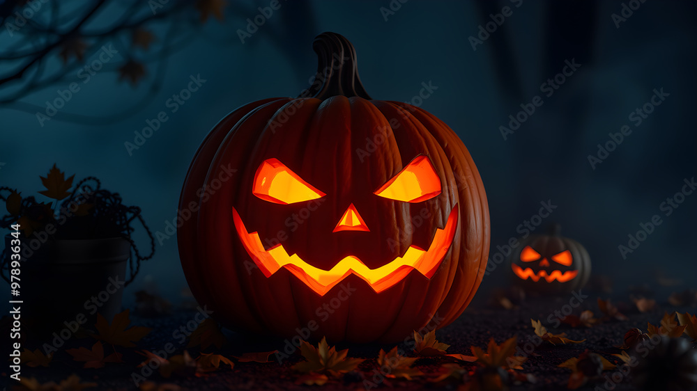 A spooky jack-o'-lantern glowing in the dark with a foggy background, surrounded by scattered autumn leaves and Halloween decorations, space for text on the side. Generative AI A spooky jack-o'-lantern glowing in the dark with a foggy background, surrounded by scattered autumn leaves and Halloween decorations, space for text on the side. Generative AI