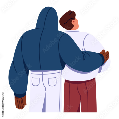 Gay couple in love hugging back view. Boys in outerwear cuddle together outdoor. Romantic partner in jacket with hood embrace boyfriend behind. Flat isolated vector illustration on white background